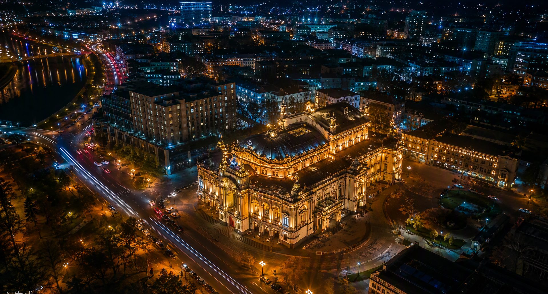 Illustrative venue district at night